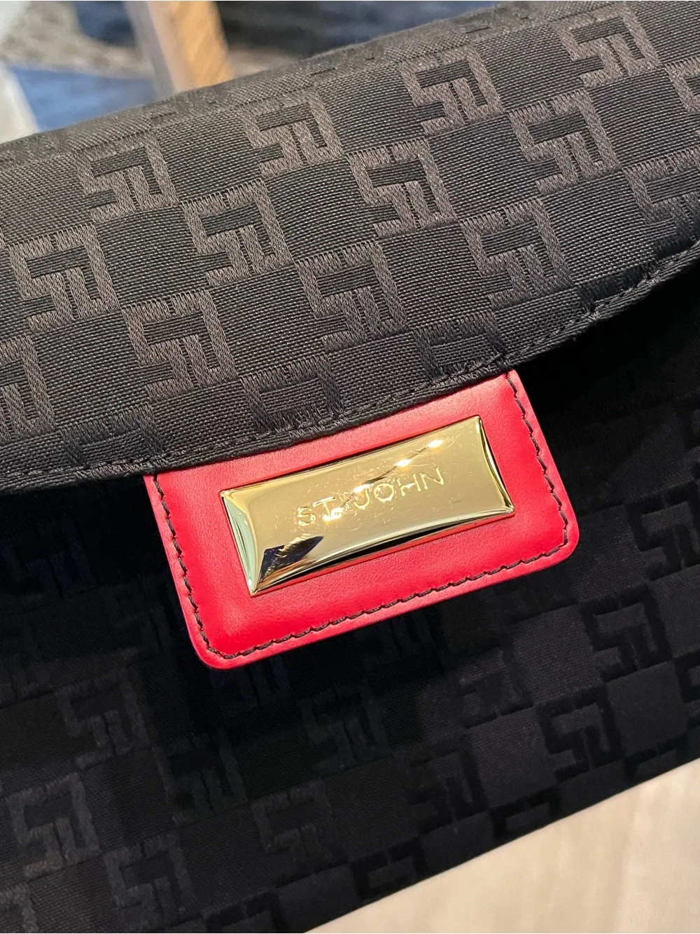 St John Black Shoulder Bag with Red Leather Trim